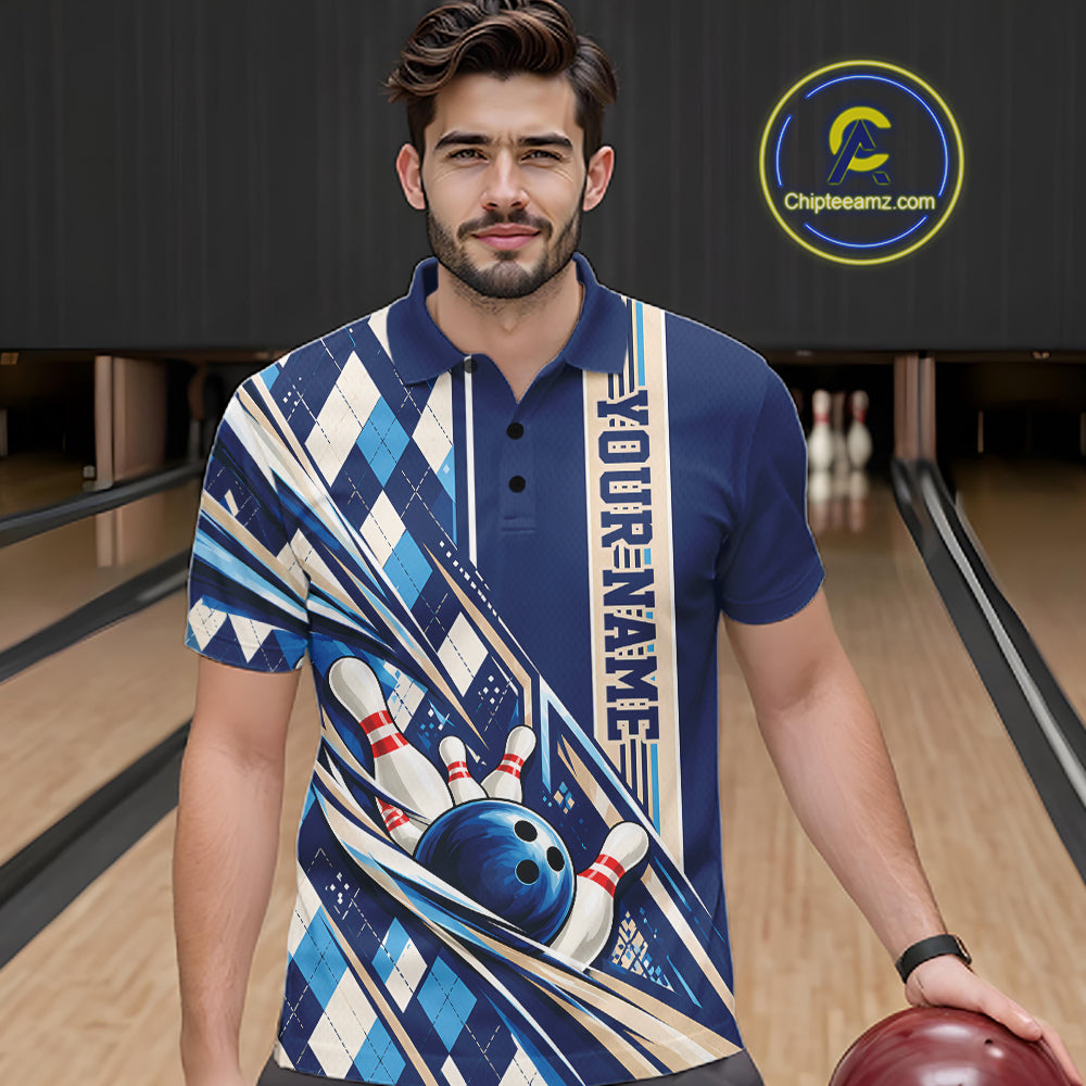Custom Blue Argyle Pattern Retro Bowling Men Polo Shirt, Team Uniform IPHW12372