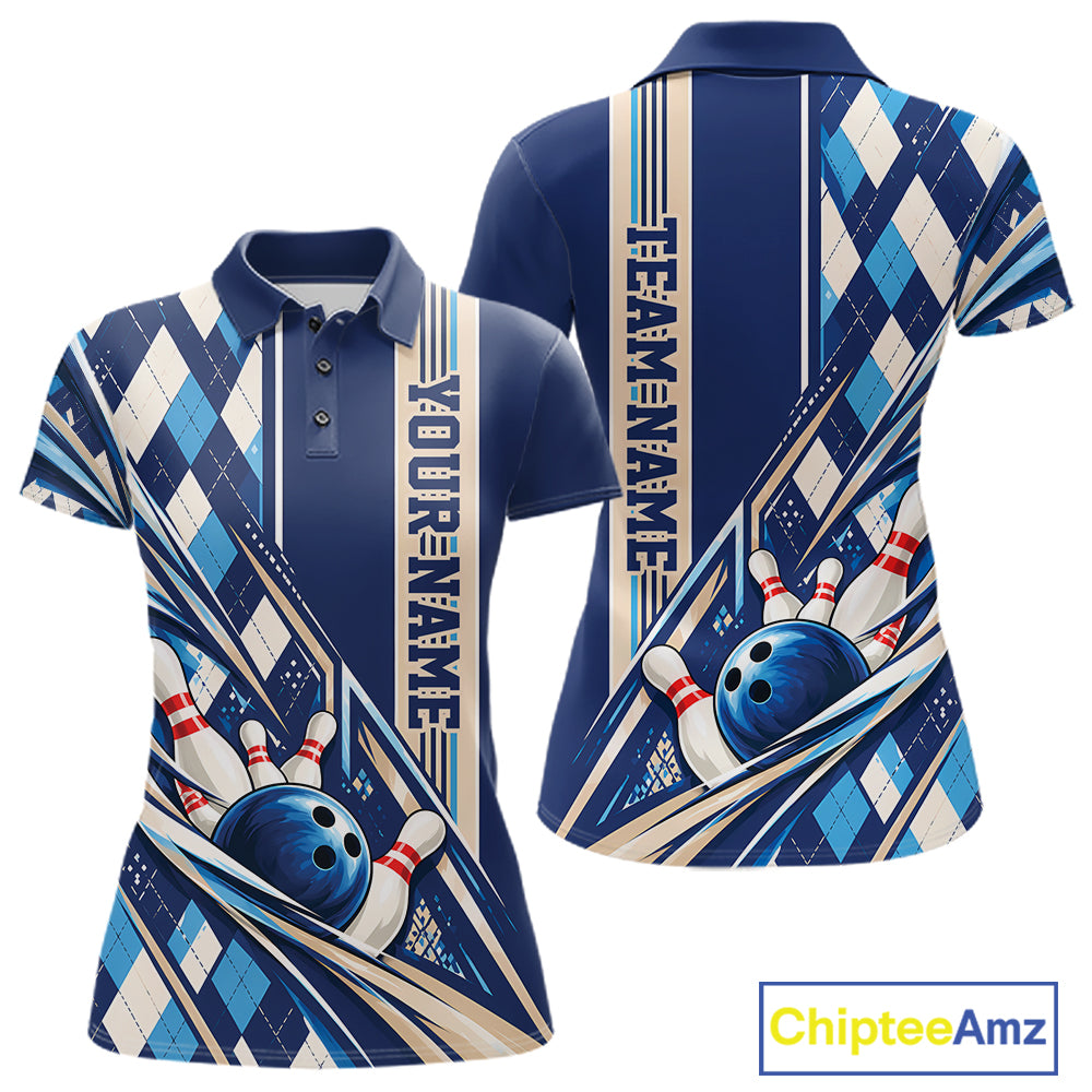 Custom Blue Argyle Pattern Retro Bowling Women Polo Shirt, Team Uniform IPHW12372