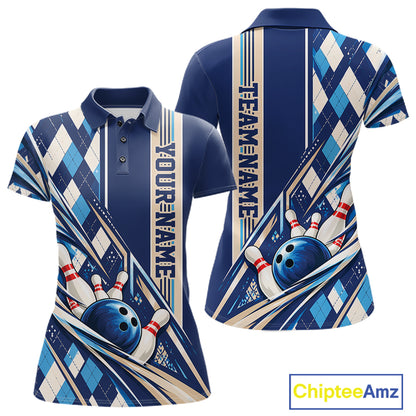 Custom Blue Argyle Pattern Retro Bowling Women Polo Shirt, Team Uniform IPHW12372