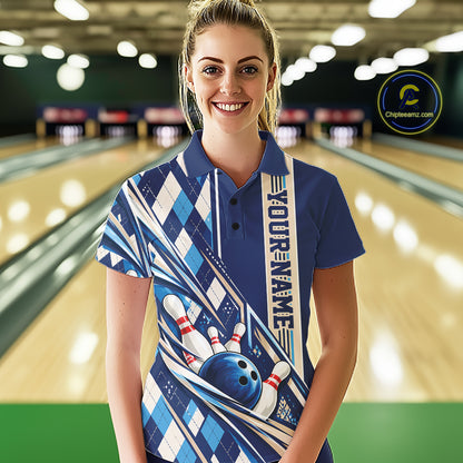Custom Blue Argyle Pattern Retro Bowling Women Polo Shirt, Team Uniform IPHW12372