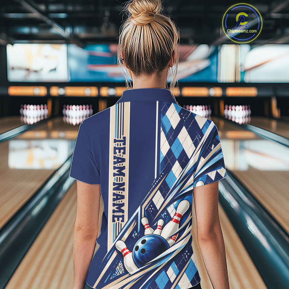 Custom Blue Argyle Pattern Retro Bowling Women Polo Shirt, Team Uniform IPHW12372