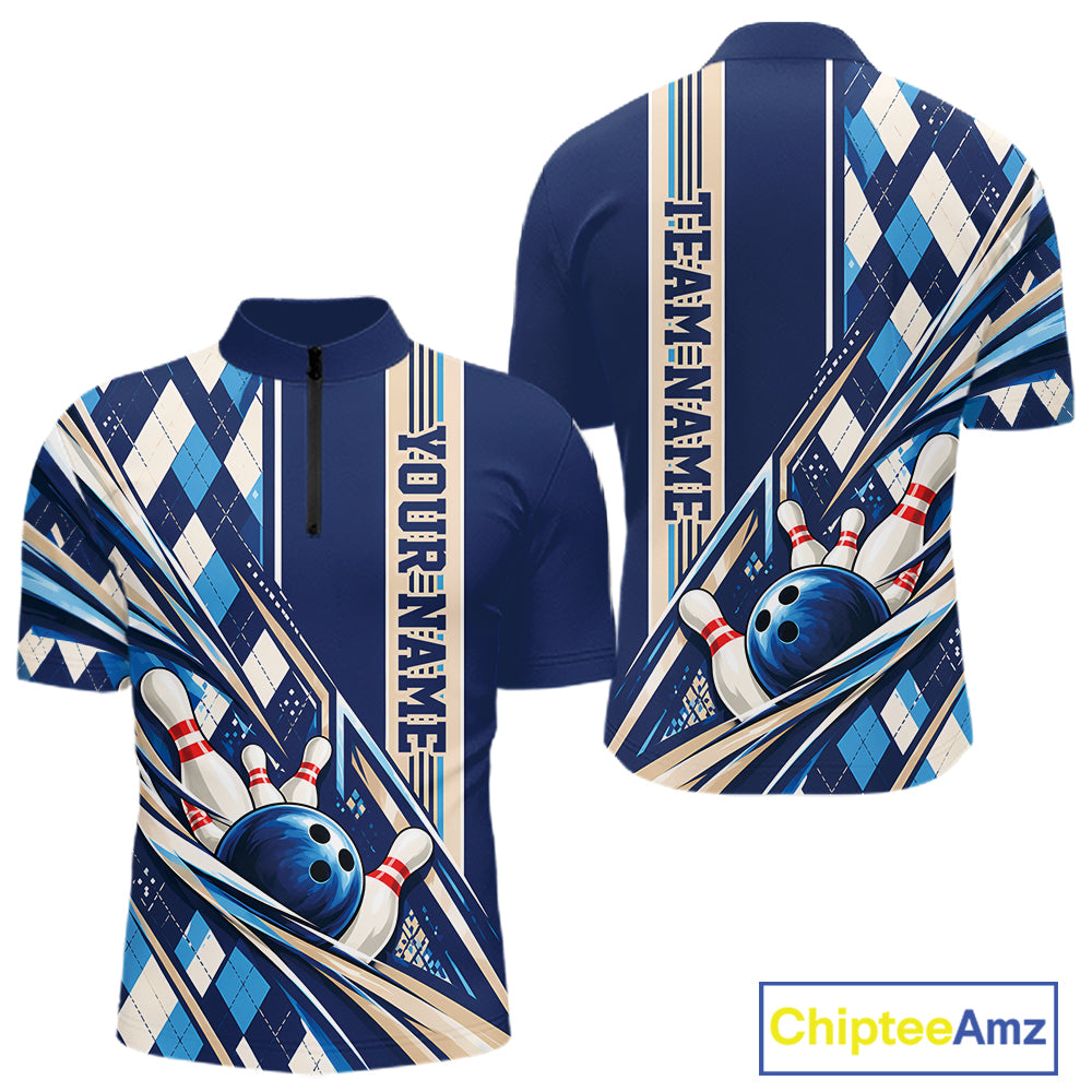 Custom Blue Argyle Pattern Retro Bowling Men Quarter Zip Shirt, Team Uniform IPHW12372