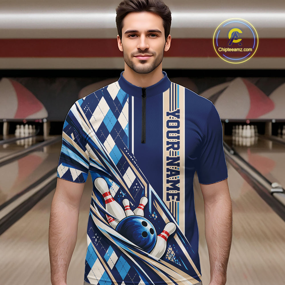 Custom Blue Argyle Pattern Retro Bowling Men Quarter Zip Shirt, Team Uniform IPHW12372