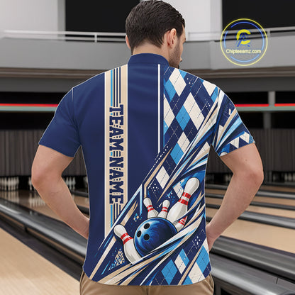 Custom Blue Argyle Pattern Retro Bowling Men Quarter Zip Shirt, Team Uniform IPHW12372