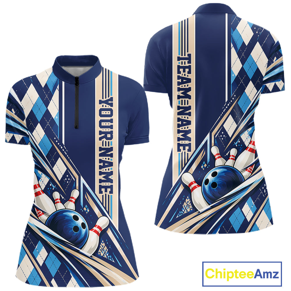 Custom Blue Argyle Pattern Retro Bowling Women Quarter-Zip Shirt, Team Uniform IPHW12372