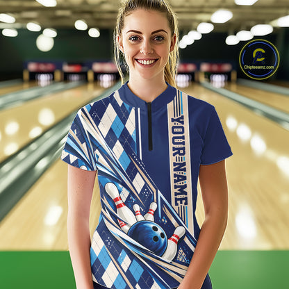 Custom Blue Argyle Pattern Retro Bowling Women Quarter-Zip Shirt, Team Uniform IPHW12372
