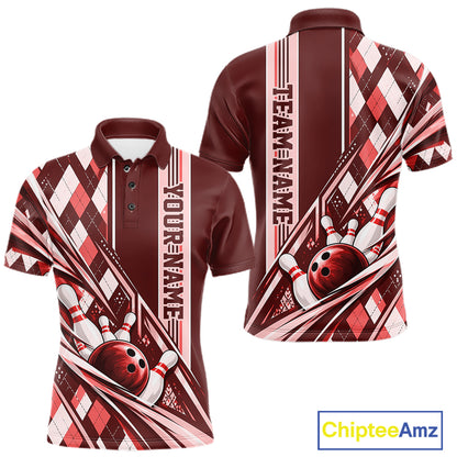 Custom Red Argyle Pattern Retro Bowling Men Polo Shirt, Team Uniform IPHW12373