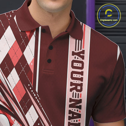 Custom Red Argyle Pattern Retro Bowling Men Polo Shirt, Team Uniform IPHW12373