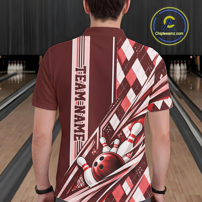 Custom Red Argyle Pattern Retro Bowling Men Polo Shirt, Team Uniform IPHW12373