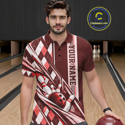 Custom Red Argyle Pattern Retro Bowling Men Polo Shirt, Team Uniform IPHW12373