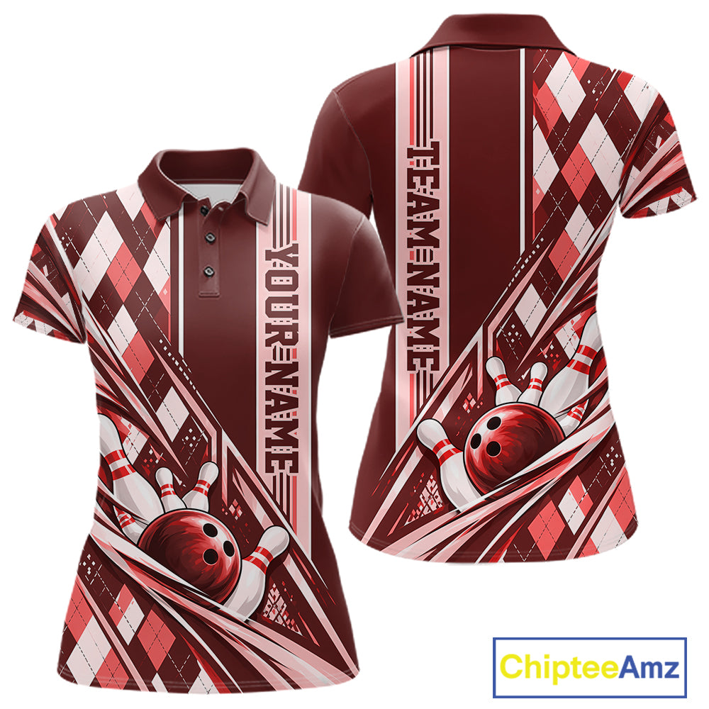 Custom Red Argyle Pattern Retro Bowling Women Polo Shirt, Team Uniform IPHW12373