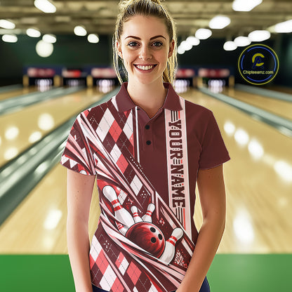 Custom Red Argyle Pattern Retro Bowling Women Polo Shirt, Team Uniform IPHW12373