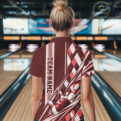 Custom Red Argyle Pattern Retro Bowling Women Polo Shirt, Team Uniform IPHW12373