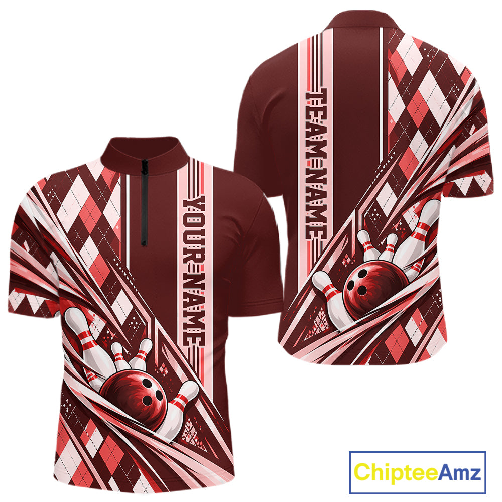 Custom Red Argyle Pattern Retro Bowling Men Quarter Zip Shirt, Team Uniform IPHW12373