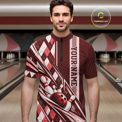 Custom Red Argyle Pattern Retro Bowling Men Quarter Zip Shirt, Team Uniform IPHW12373