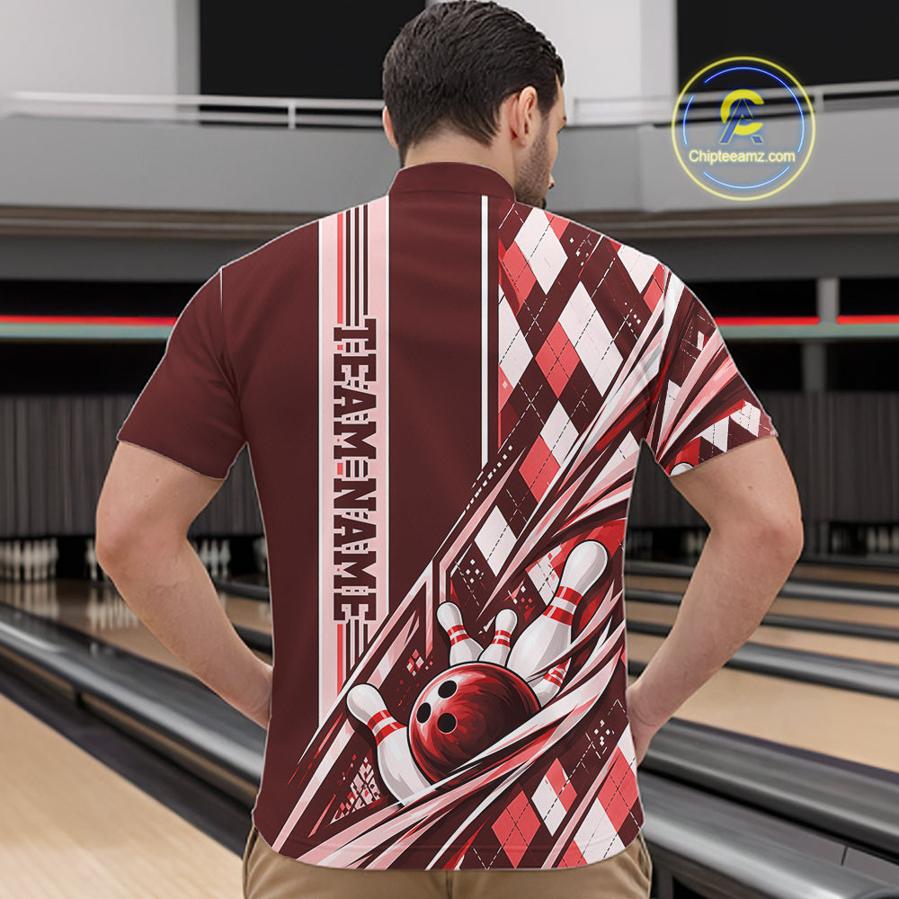 Custom Red Argyle Pattern Retro Bowling Men Quarter Zip Shirt, Team Uniform IPHW12373
