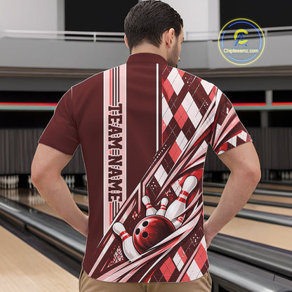 Custom Red Argyle Pattern Retro Bowling Men Quarter Zip Shirt, Team Uniform IPHW12373