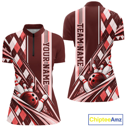 Custom Red Argyle Pattern Retro Bowling Women Quarter-Zip Shirt, Team Uniform IPHW12373