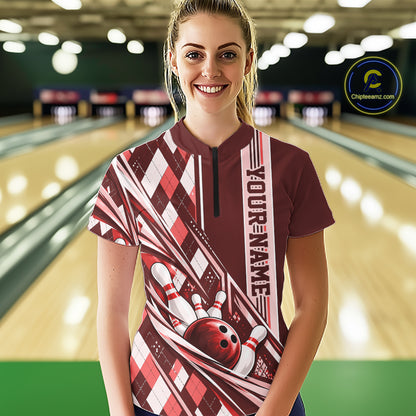 Custom Red Argyle Pattern Retro Bowling Women Quarter-Zip Shirt, Team Uniform IPHW12373