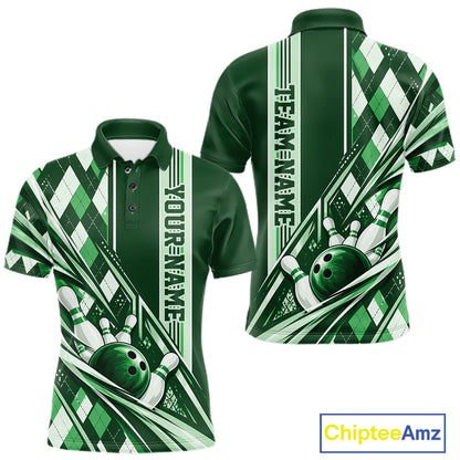 Custom Green Argyle Pattern Retro Bowling Men Polo Shirt, Team Uniform IPHW12374