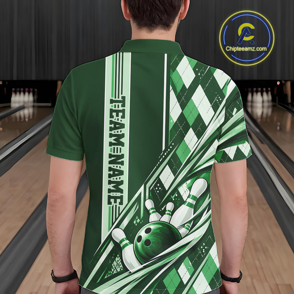 Custom Green Argyle Pattern Retro Bowling Men Polo Shirt, Team Uniform IPHW12374