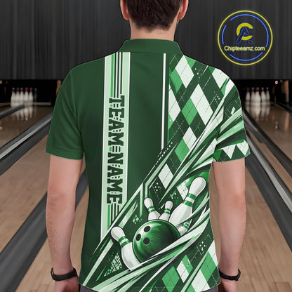 Custom Green Argyle Pattern Retro Bowling Men Polo Shirt, Team Uniform IPHW12374