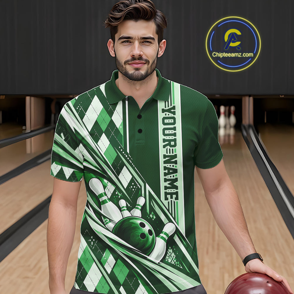 Custom Green Argyle Pattern Retro Bowling Men Polo Shirt, Team Uniform IPHW12374