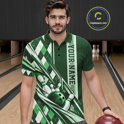 Custom Green Argyle Pattern Retro Bowling Men Polo Shirt, Team Uniform IPHW12374