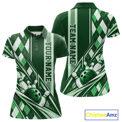 Custom Green Argyle Pattern Retro Bowling Women Polo Shirt, Team Uniform IPHW12374