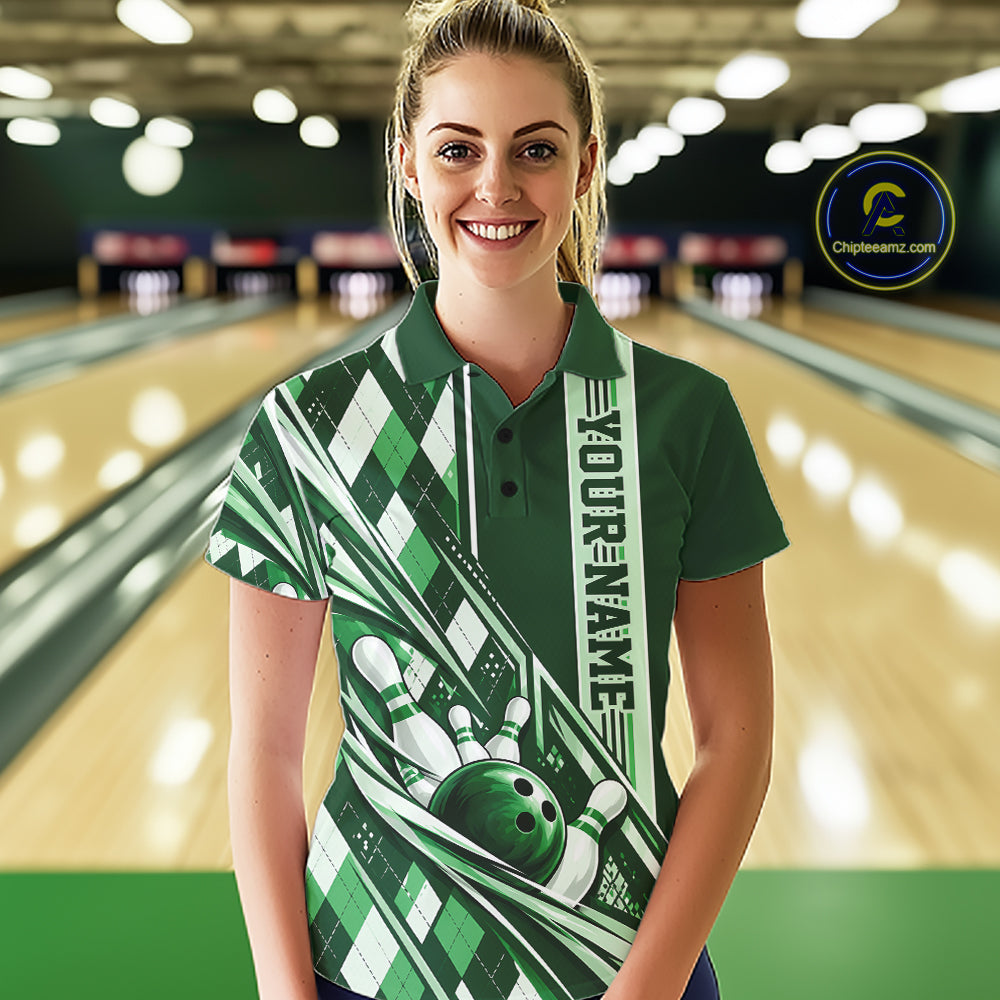 Custom Green Argyle Pattern Retro Bowling Women Polo Shirt, Team Uniform IPHW12374