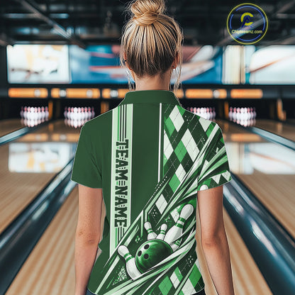 Custom Green Argyle Pattern Retro Bowling Women Polo Shirt, Team Uniform IPHW12374