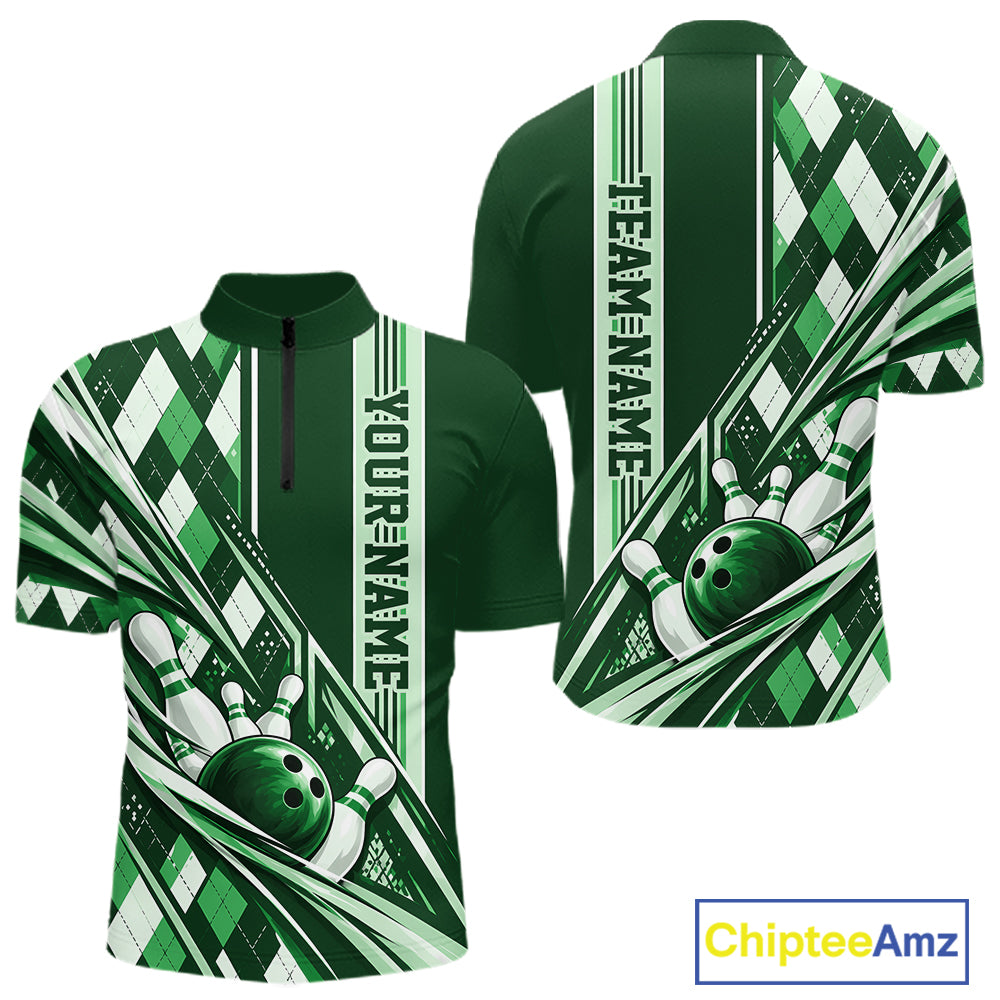 Custom Green Argyle Pattern Retro Bowling Men Quarter Zip Shirt, Team Uniform IPHW12374