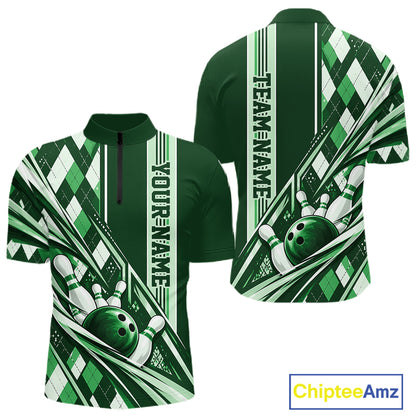Custom Green Argyle Pattern Retro Bowling Men Quarter Zip Shirt, Team Uniform IPHW12374