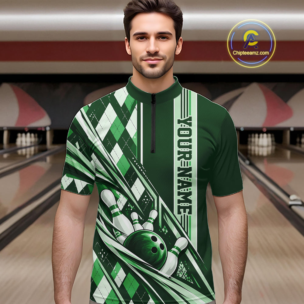 Custom Green Argyle Pattern Retro Bowling Men Quarter Zip Shirt, Team Uniform IPHW12374