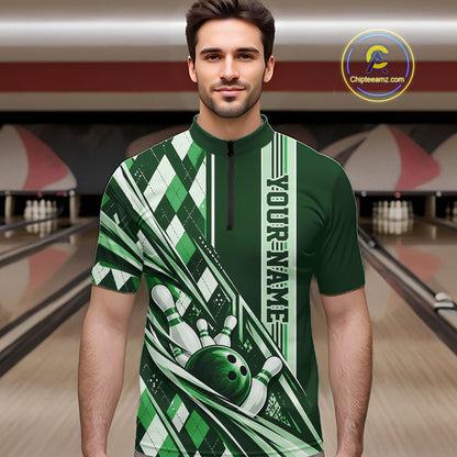 Custom Green Argyle Pattern Retro Bowling Men Quarter Zip Shirt, Team Uniform IPHW12374