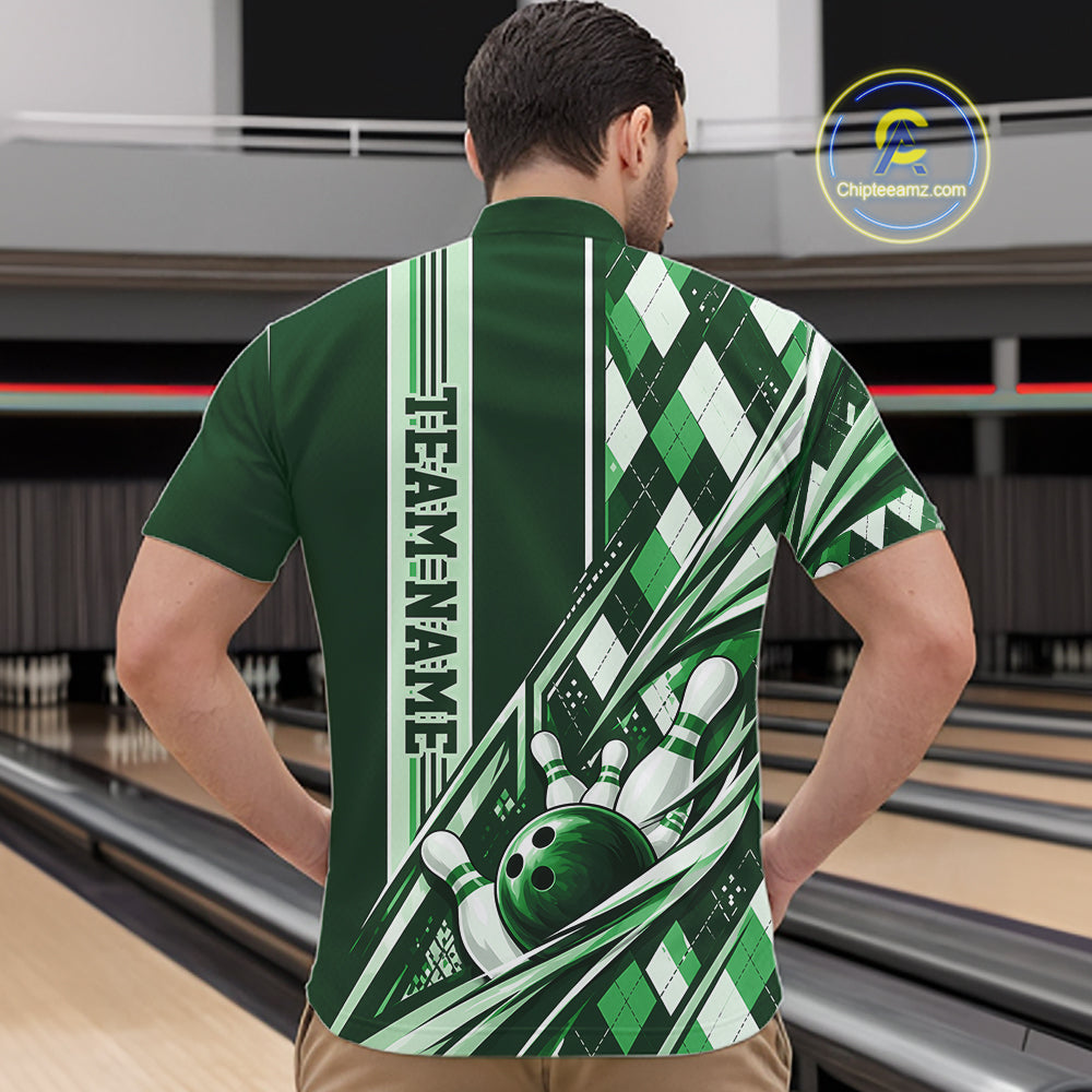 Custom Green Argyle Pattern Retro Bowling Men Quarter Zip Shirt, Team Uniform IPHW12374
