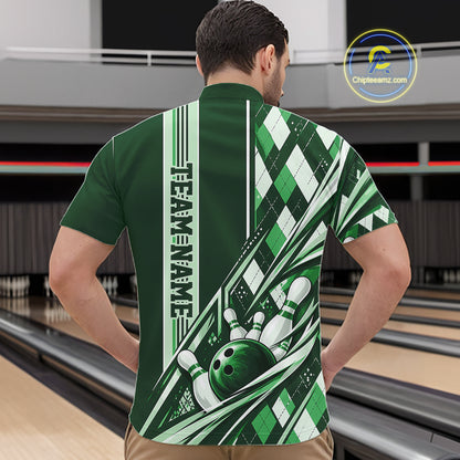 Custom Green Argyle Pattern Retro Bowling Men Quarter Zip Shirt, Team Uniform IPHW12374