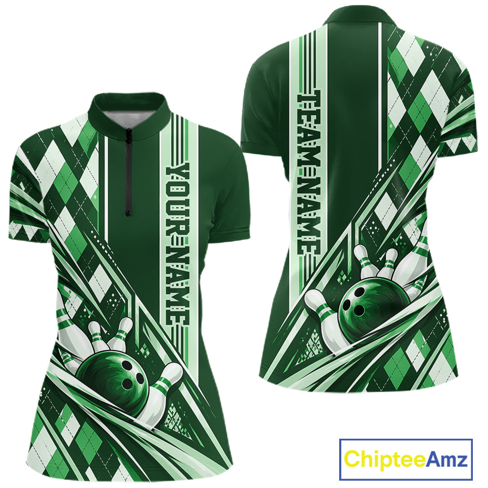 Custom Green Argyle Pattern Retro Bowling Women Quarter-Zip Shirt, Team Uniform IPHW12374