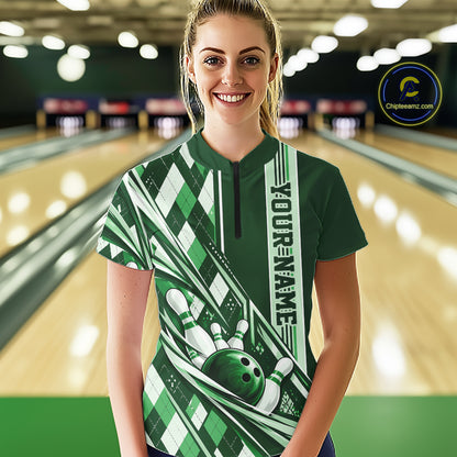 Custom Green Argyle Pattern Retro Bowling Women Quarter-Zip Shirt, Team Uniform IPHW12374