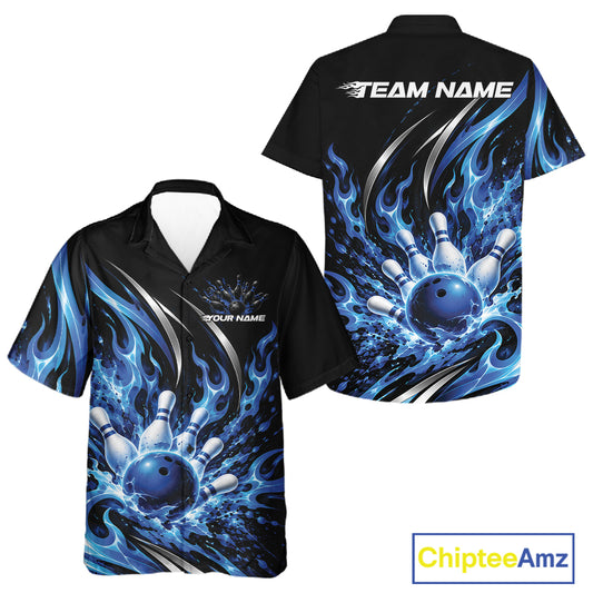 Custom Blue Flame Bowling Button Up Shirt For Men And Women, Bowling Tournament Jersey Bowler Outfit IPHW12386