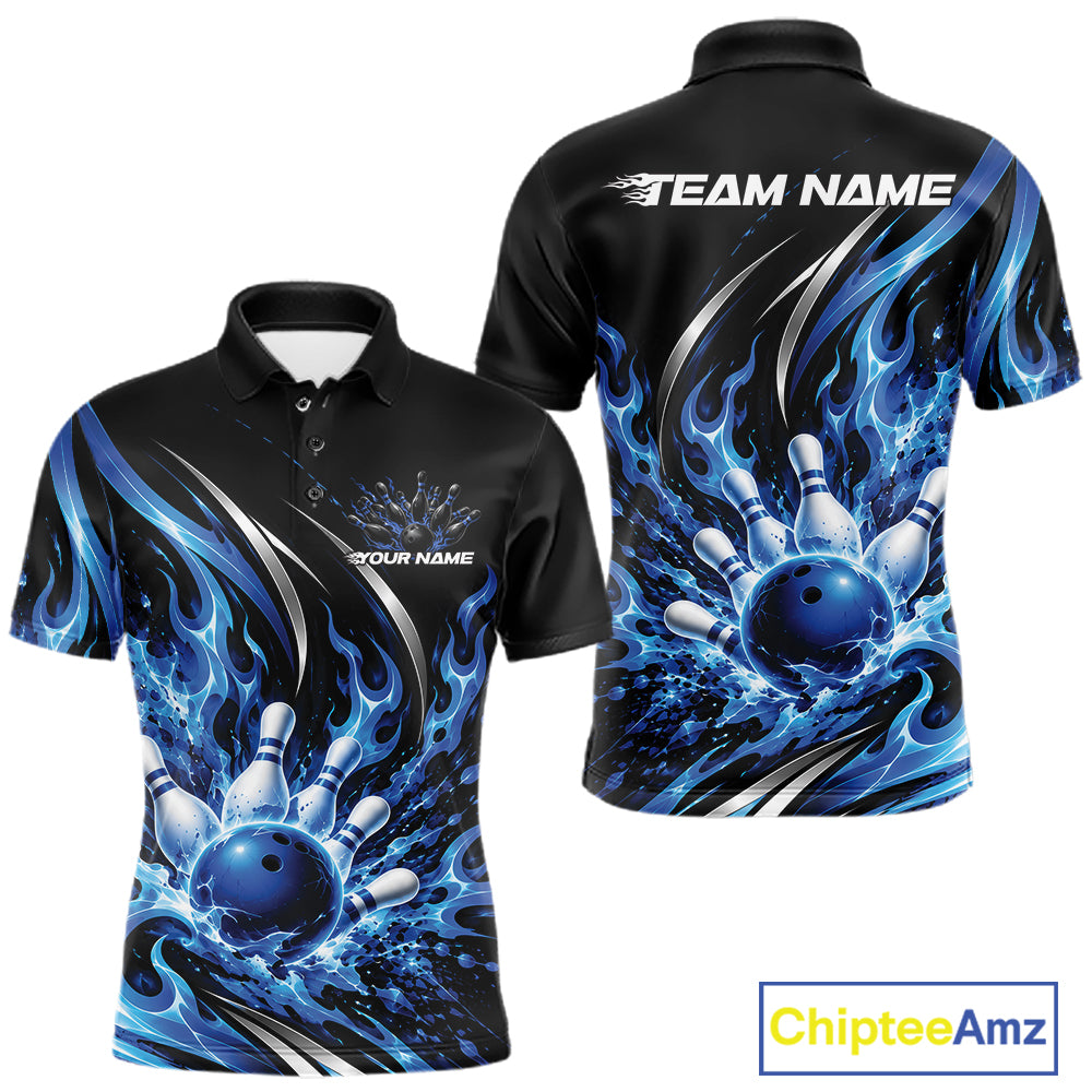 Custom Blue Flame Bowling Polo Shirt For Men, Bowling Tournament Jersey Bowler Outfit IPHW12386