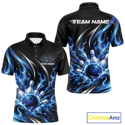 Custom Blue Flame Bowling Polo Shirt For Men, Bowling Tournament Jersey Bowler Outfit IPHW12386