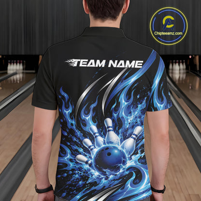 Custom Blue Flame Bowling Polo Shirt For Men, Bowling Tournament Jersey Bowler Outfit IPHW12386