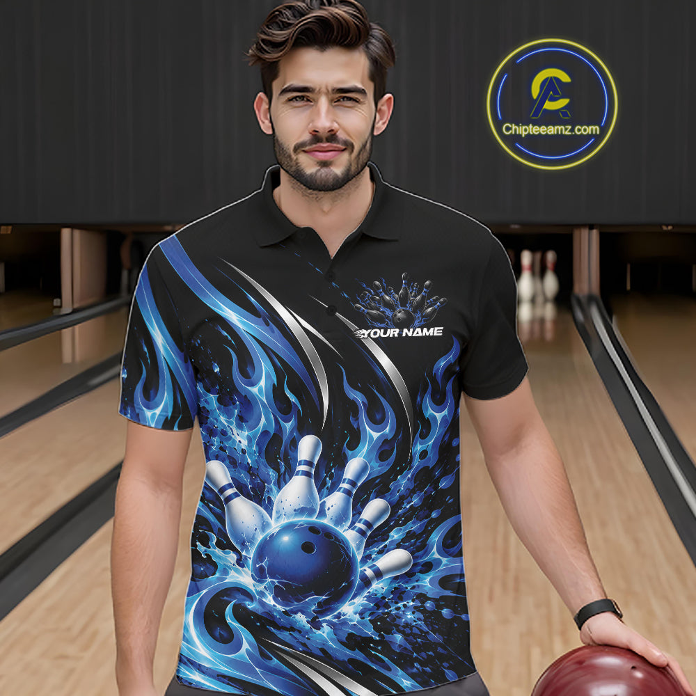 Custom Blue Flame Bowling Polo Shirt For Men, Bowling Tournament Jersey Bowler Outfit IPHW12386