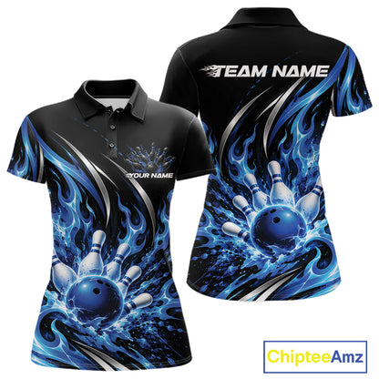 Custom Blue Flame Bowling Polo Shirt For Women, Bowling Tournament Jersey Bowler Outfit IPHW12386