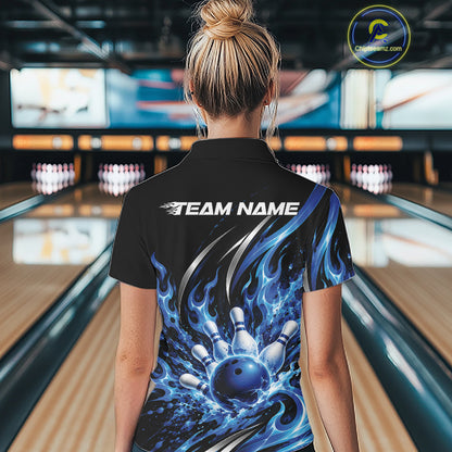 Custom Blue Flame Bowling Polo Shirt For Women, Bowling Tournament Jersey Bowler Outfit IPHW12386