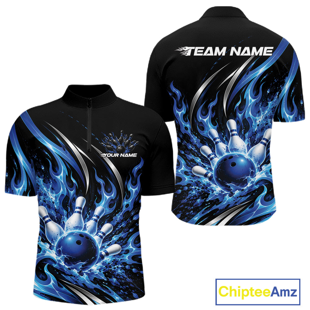 Custom Blue Flame Bowling Quarter Zip Shirt For Men, Bowling Tournament Jersey Bowler Outfit IPHW12386