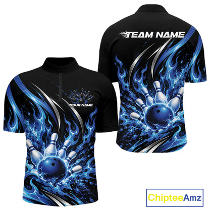 Custom Blue Flame Bowling Quarter Zip Shirt For Men, Bowling Tournament Jersey Bowler Outfit IPHW12386