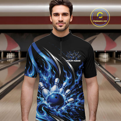 Custom Blue Flame Bowling Quarter Zip Shirt For Men, Bowling Tournament Jersey Bowler Outfit IPHW12386