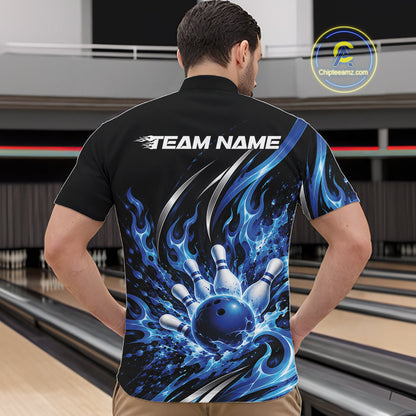 Custom Blue Flame Bowling Quarter Zip Shirt For Men, Bowling Tournament Jersey Bowler Outfit IPHW12386